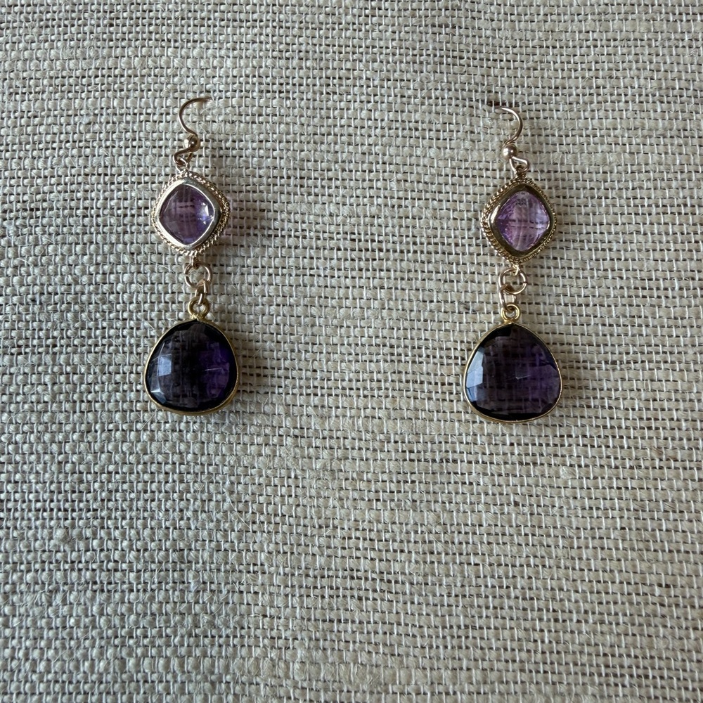 Elegant Two Tone Purple and Gold Dangle Earrings